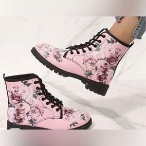Floral Pink Lace-Up Ankle Boots